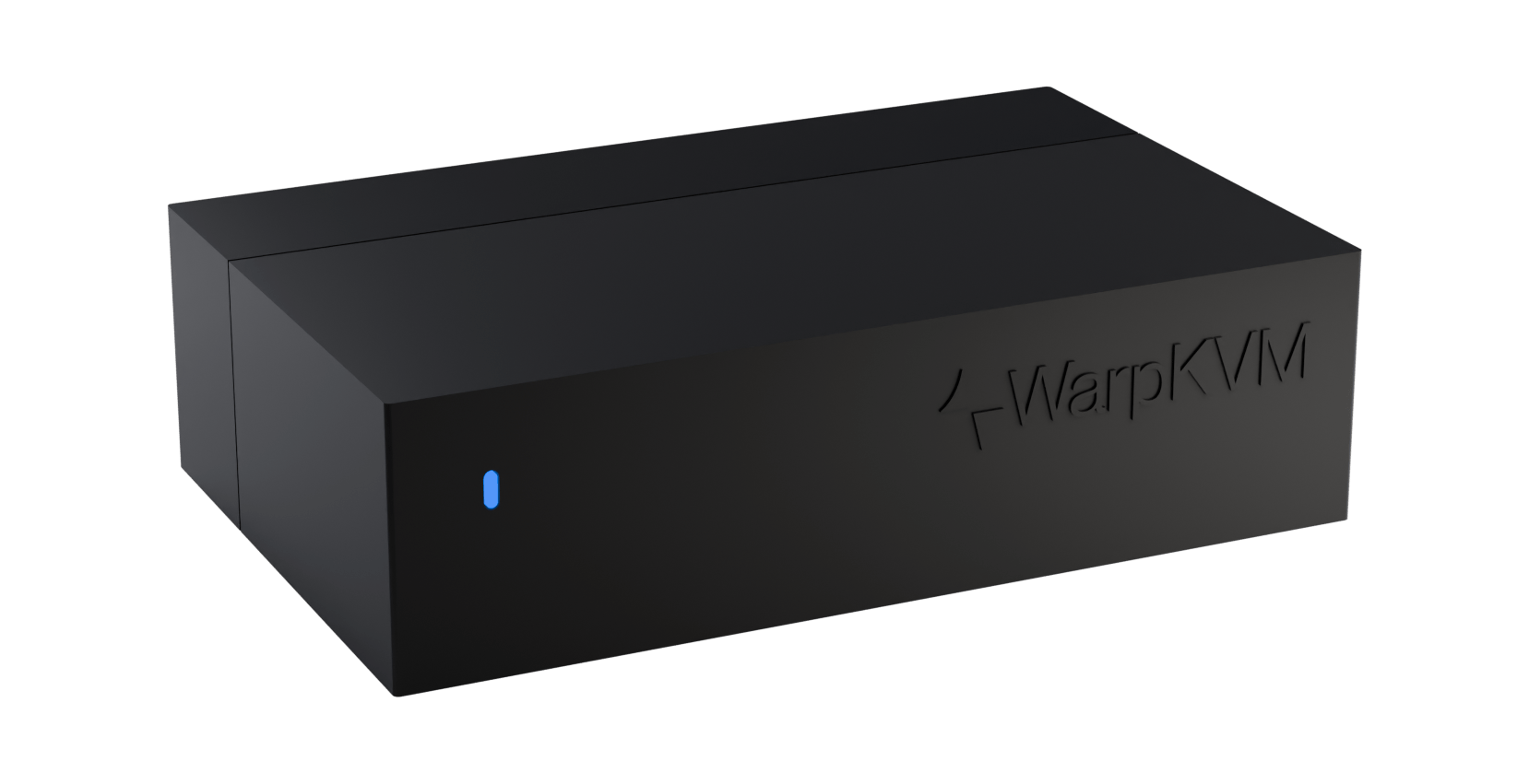 WarpKVM 02 isometric front view in its black anodized enclosure, status LED glowing warp blue
