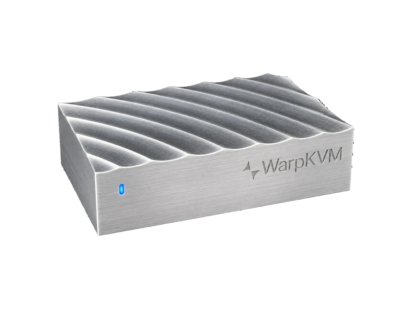 Render of the WarpKVM 01: machined aluminum enclosure with the warped top surface, status LED lit on the front