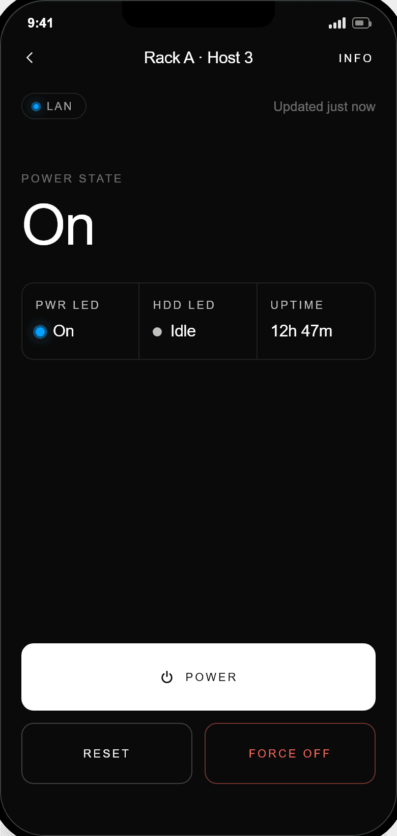 The control screen: transport badge, live power state, telemetry strip, and the power, reset, and force-off controls