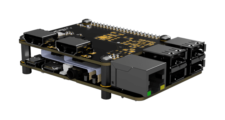 WarpKVM DIY Kit assembled, Standard variant: the carrier board stacked above the Luckfox Aura on standoffs, isometric view