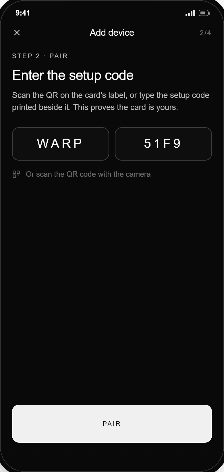 Enter the setup code printed on the card's label, or scan its QR code