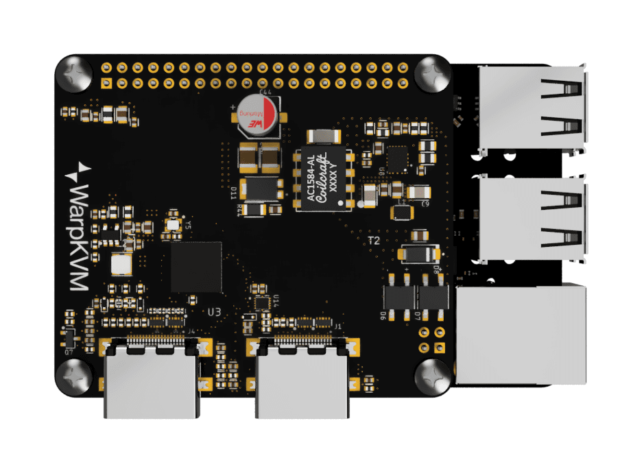 Carrier board top view, PoE variant, with the PoE transformer and power stage populated