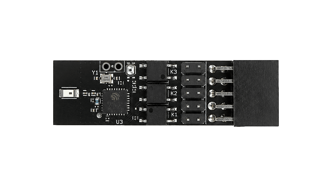 WarpKVM ATX Inline board, component side: the 9-pin front-panel header shroud, the switching relays labelled K1 to K3, and the ESP32 wireless module