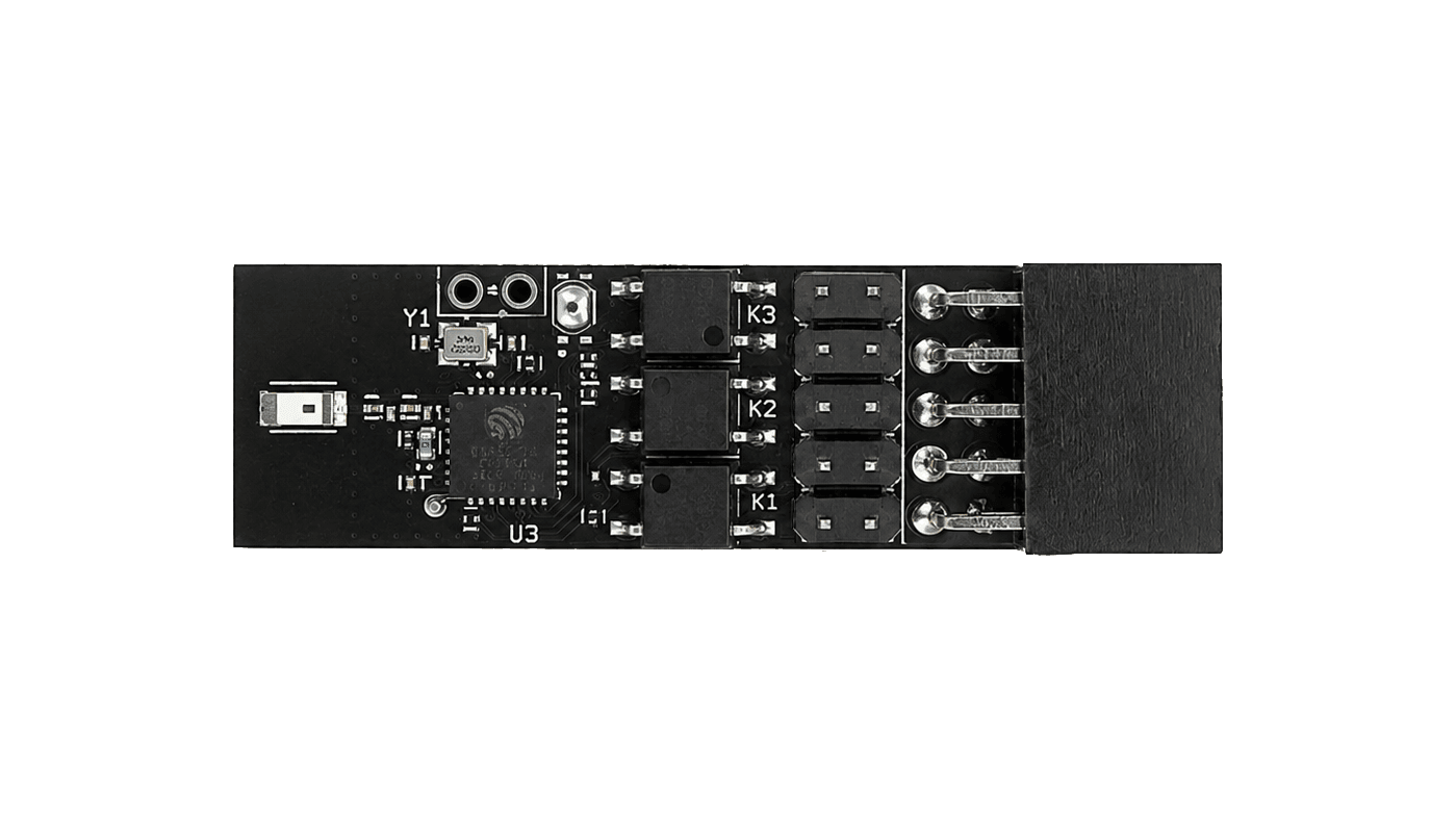 WarpKVM ATX Inline board, component side: the 9-pin front-panel header shroud, the switching relays labelled K1 to K3, and the ESP32 wireless module