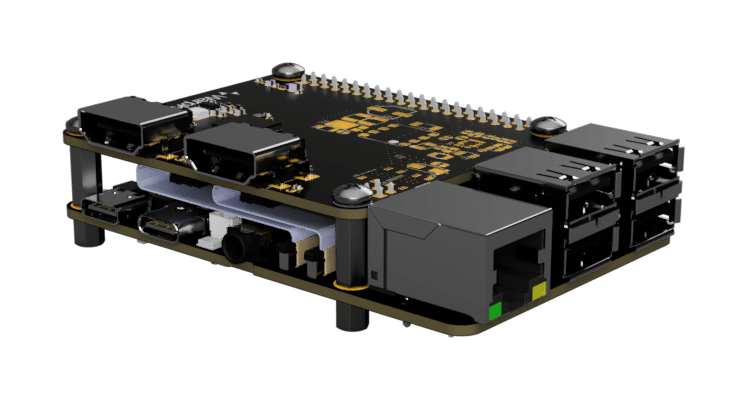 WarpKVM DIY Kit assembled, Standard variant: the carrier board stacked above the Luckfox Aura on standoffs, isometric view