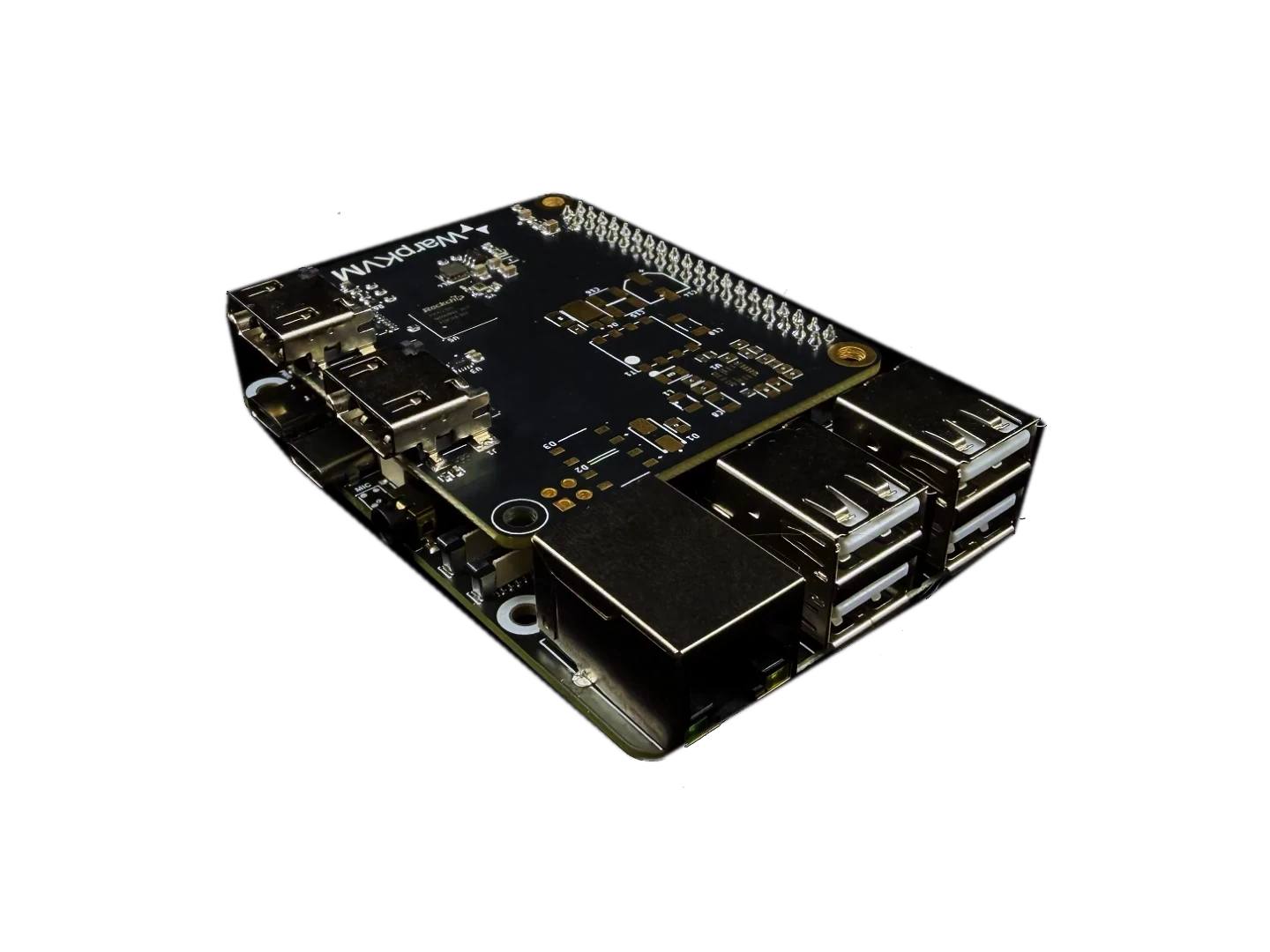 Photo of an assembled WarpKVM DIY Kit, Standard variant: the carrier board stacked on the Luckfox Aura, seen from the Ethernet and USB corner