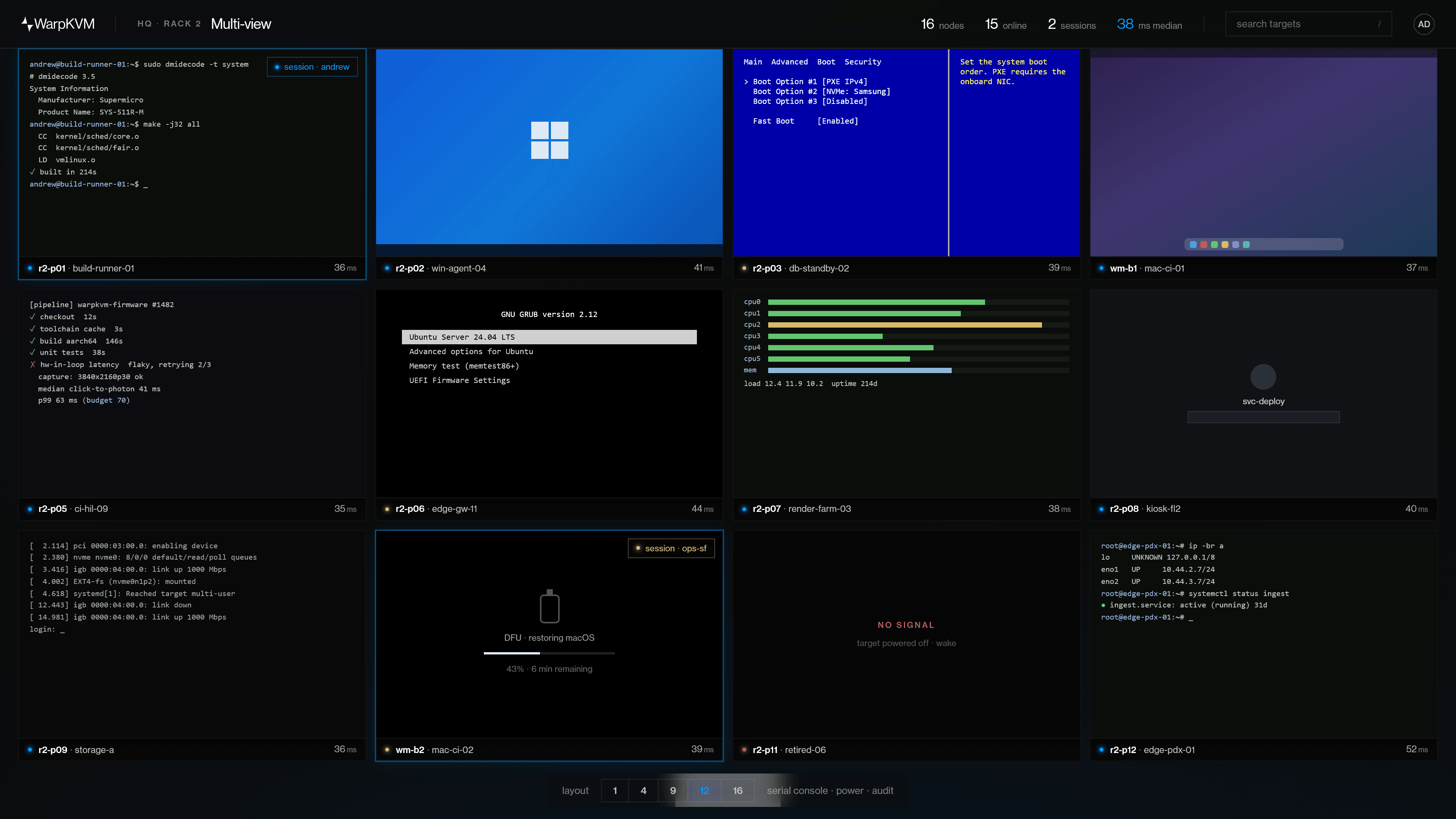 The WarpKVM browser console showing twelve targets in one multi-view grid