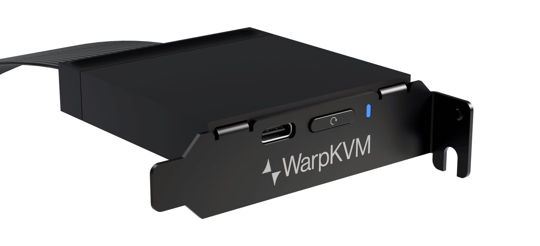 WarpKVM ATX card, front isometric view showing the PCIe bracket, USB-C port, power button, and status LED